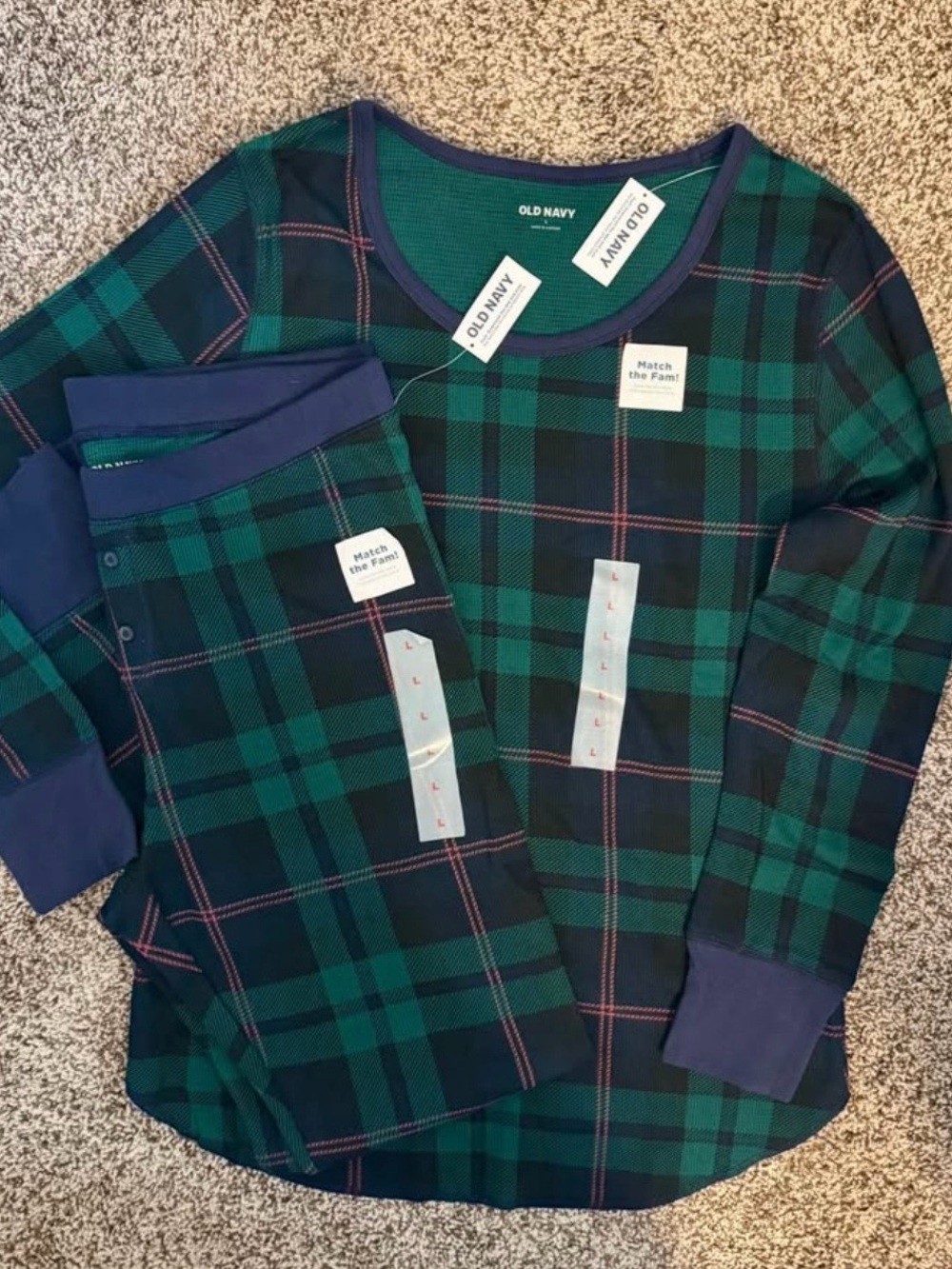 NWT Old Navy Ladies Green & Navy Plaid Long Sleeve PJ Set